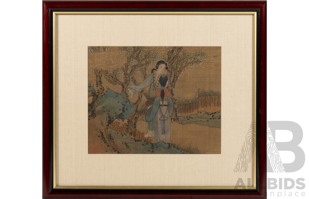 After Tang Yin of Jinchang (1470-1524); (Mid-20th Century Reproductions, Chinese School), Reflecting on Nature, Pair Smoking & Gathering in the Garden, Trio of Professionally Framed Vintage Watercolour & Ink on Silk Prints, 36 x 40 cm (frame) (3)