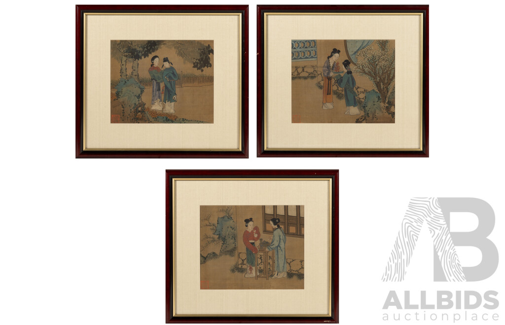 After Tang Yin of Jinchang (1470-1524); (Mid-20th Century Reproductions, Chinese School), Garden Walk, Gift Giving & Morning Gossip, Trio of Professionally Framed Vintage Watercolour & Ink on Silk Prints, 36 x 40 cm (frame) (3)