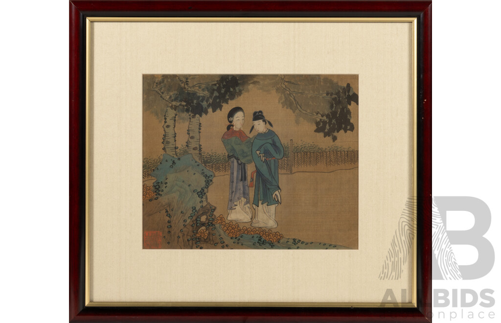 After Tang Yin of Jinchang (1470-1524); (Mid-20th Century Reproductions, Chinese School), Garden Walk, Gift Giving & Morning Gossip, Trio of Professionally Framed Vintage Watercolour & Ink on Silk Prints, 36 x 40 cm (frame) (3)