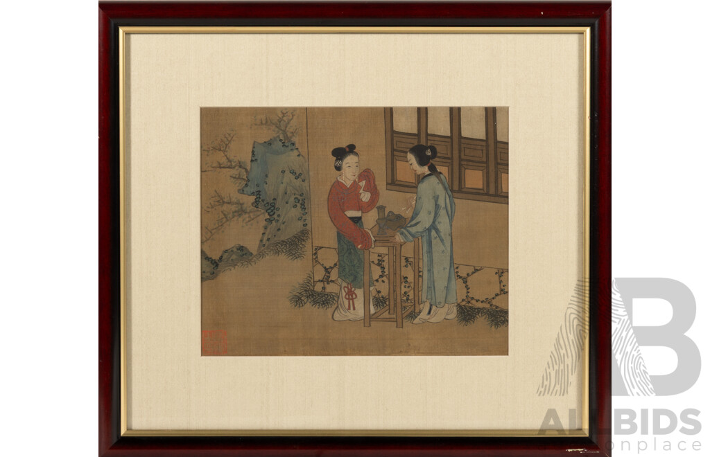 After Tang Yin of Jinchang (1470-1524); (Mid-20th Century Reproductions, Chinese School), Garden Walk, Gift Giving & Morning Gossip, Trio of Professionally Framed Vintage Watercolour & Ink on Silk Prints, 36 x 40 cm (frame) (3)