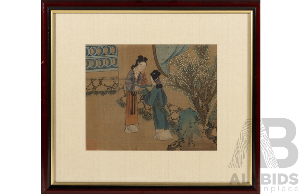 After Tang Yin of Jinchang (1470-1524); (Mid-20th Century Reproductions, Chinese School), Garden Walk, Gift Giving & Morning Gossip, Trio of Professionally Framed Vintage Watercolour & Ink on Silk Prints, 36 x 40 cm (frame) (3)