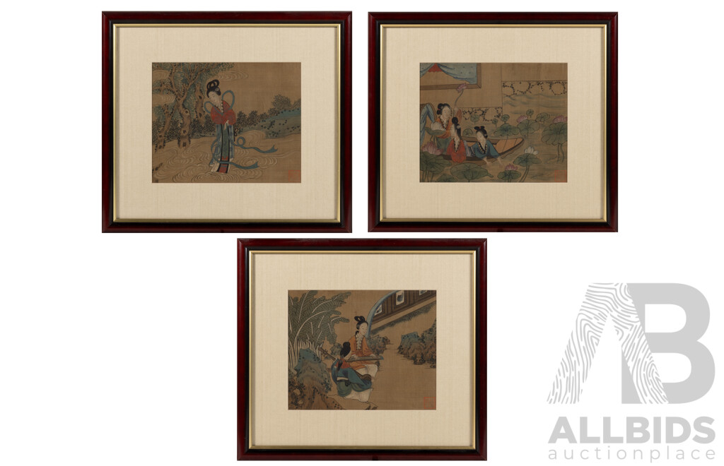 After Tang Yin of Jinchang (1470-1524); (Mid-20th Century Reproductions, Chinese School), Musicians, Lotus Flower Boat Ride & Dancing in the Wind, Trio of Professionally Framed Vintage Watercolour & Ink on Silk Prints, 36 x 40 cm (frame) (3)