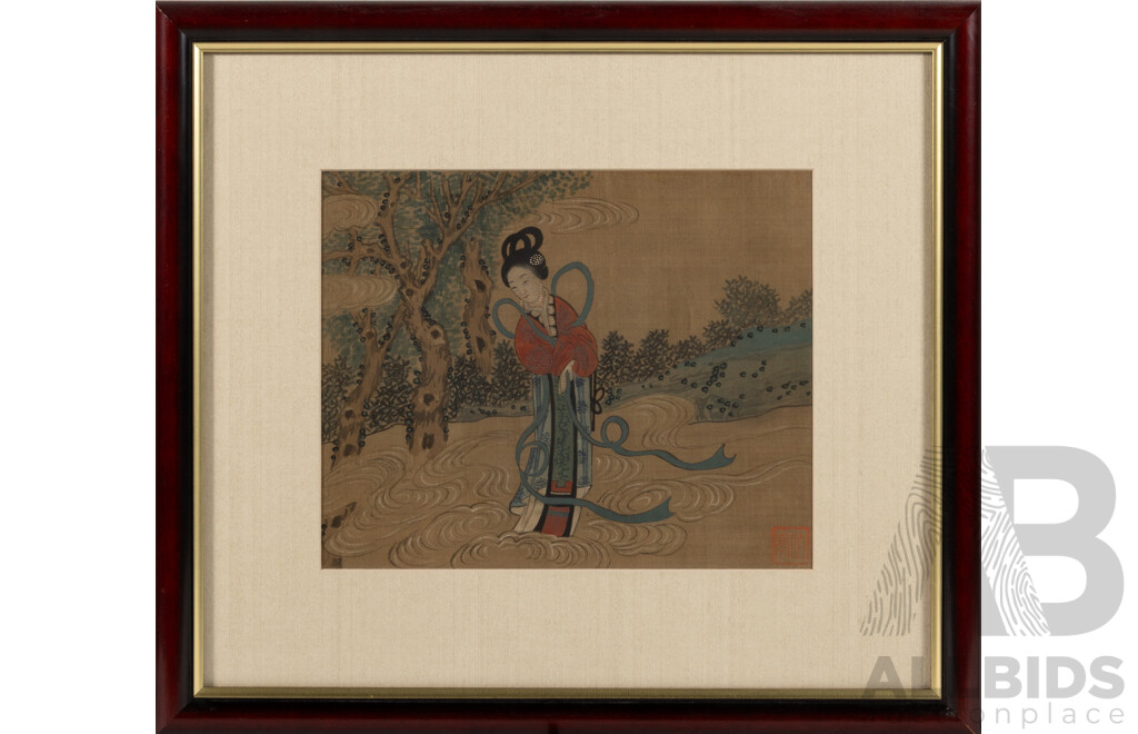 After Tang Yin of Jinchang (1470-1524); (Mid-20th Century Reproductions, Chinese School), Musicians, Lotus Flower Boat Ride & Dancing in the Wind, Trio of Professionally Framed Vintage Watercolour & Ink on Silk Prints, 36 x 40 cm (frame) (3)