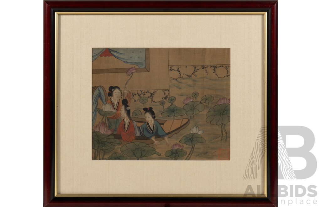 After Tang Yin of Jinchang (1470-1524); (Mid-20th Century Reproductions, Chinese School), Musicians, Lotus Flower Boat Ride & Dancing in the Wind, Trio of Professionally Framed Vintage Watercolour & Ink on Silk Prints, 36 x 40 cm (frame) (3)