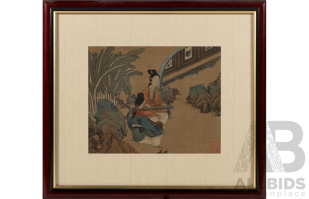 After Tang Yin of Jinchang (1470-1524); (Mid-20th Century Reproductions, Chinese School), Musicians, Lotus Flower Boat Ride & Dancing in the Wind, Trio of Professionally Framed Vintage Watercolour & Ink on Silk Prints, 36 x 40 cm (frame) (3)
