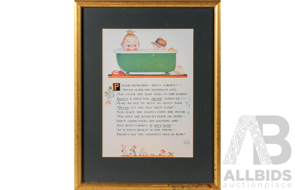 Mabel Lucie Atwell, (British, 1879-1964), Please Remember - Don't Forget! Quaint Bathroom Rules, Quality Framed Retro Colour Reproduction of Original Postcard, 41 X 32 Cm (frame)