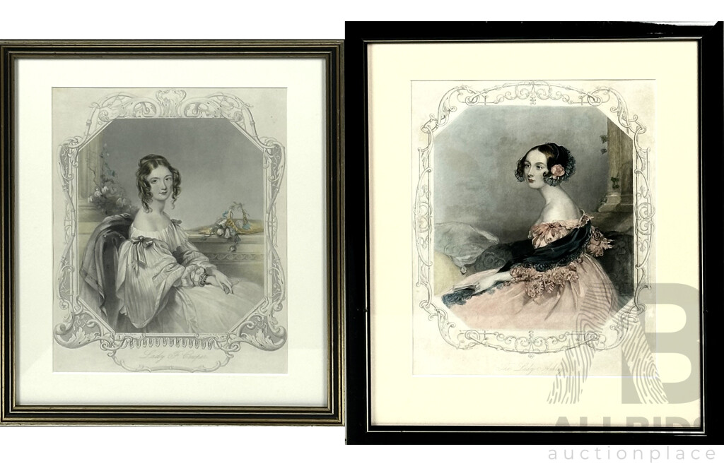 The Lady Ashley & Lady F. Cowper, Nicely Famed Pair of Vintage Hand Coloured Stipple Engravings, 44 x 35 cm (largest Frame) (2)