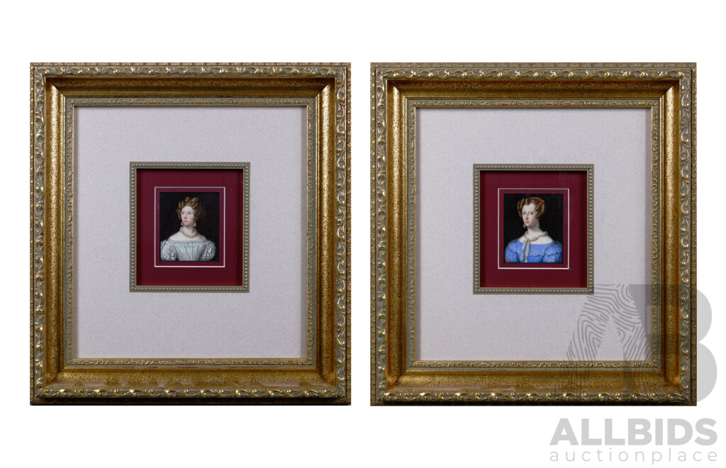 Artists Unknown, Pair of Miniature Portraits of Lady in Blue and Lady in White, Oil on Paper, 33 x 31 cm (frames) (2)