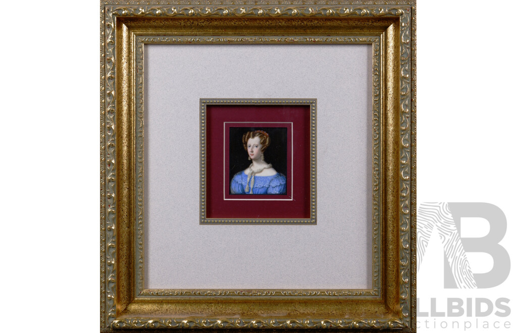 Artists Unknown, Pair of Miniature Portraits of Lady in Blue and Lady in White, Oil on Paper, 33 x 31 cm (frames) (2)