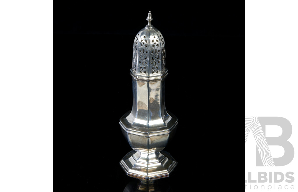 Vintage English Sterling Silver Sugar Sifter with Octagonal Stepped Base and with Finely Pierced Top, Sheffield 1932, Weight 138gm