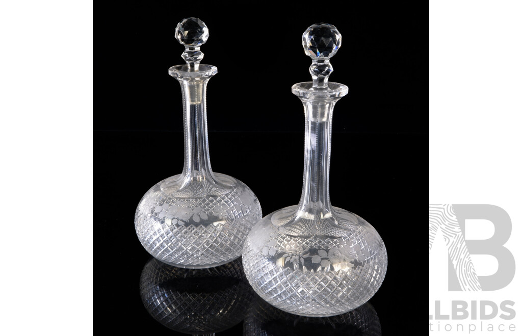 Pair Antique Late Victorian Cut Crystal Decanters with Engraved Floral Detail with Stoppers