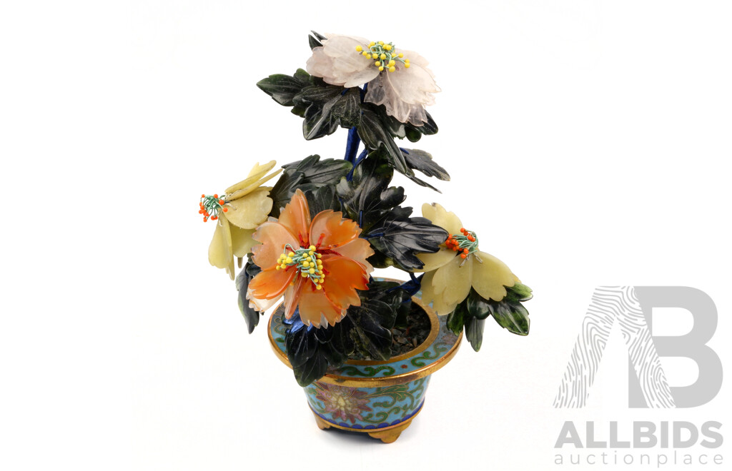 Chinese Tree with Soft Softstone Leaves in Cloisonne Pot