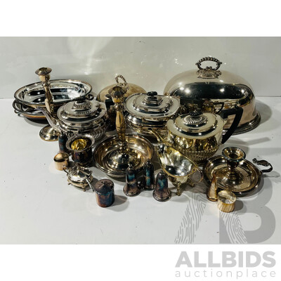 Large Collection Vintage and Other Silver Plate Pieces Including Pair Candle Holders, Meat Domes and More