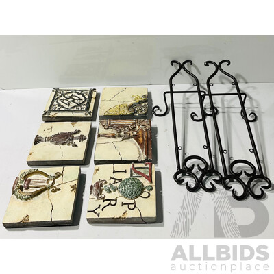 Two Metal Frames for Hanging Set Six Faux Ancient Classical Style Tiles