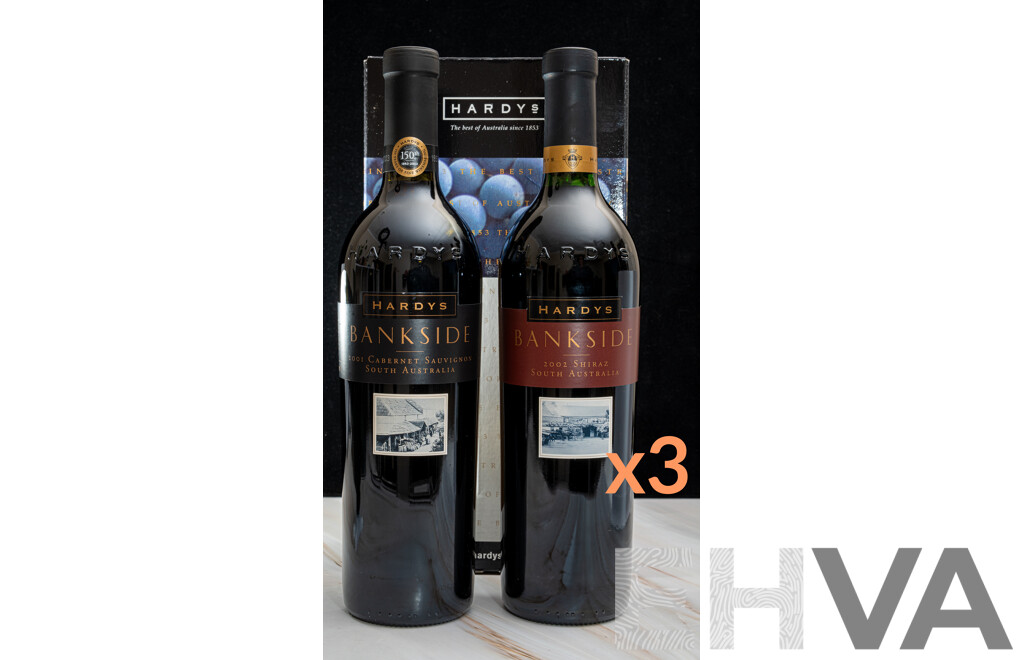 Boxed Hardys Bankside Shiraz Vintage 2002 Bankside Cabernet Sauvignon Vintage 2001 Gift Packs X 3