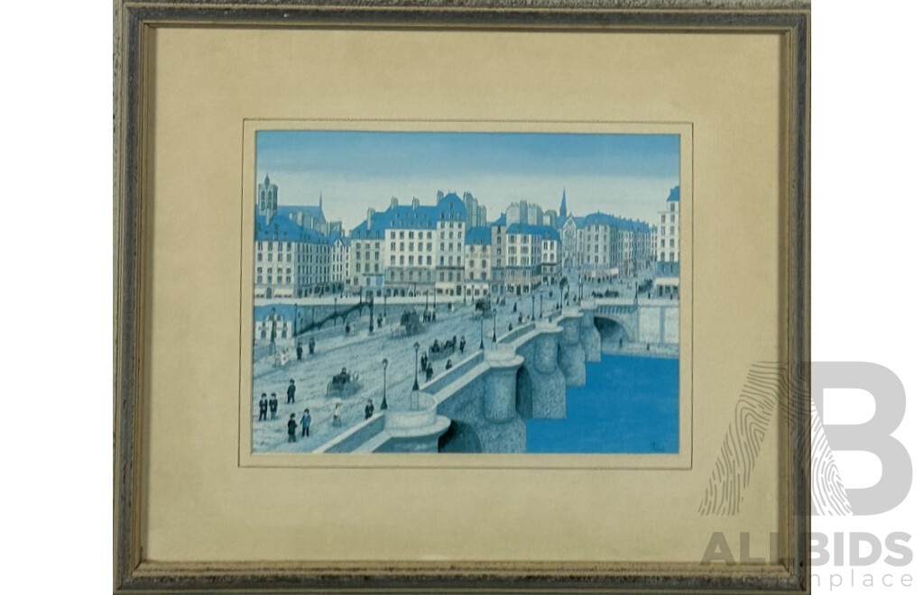 Francois “Fanch” Ledan (20th Century, French, 1949-), Busy French City Bridge, Reproduction Colour Print of the Original Lithograph, 42 ^x 50 ^cm (frame)