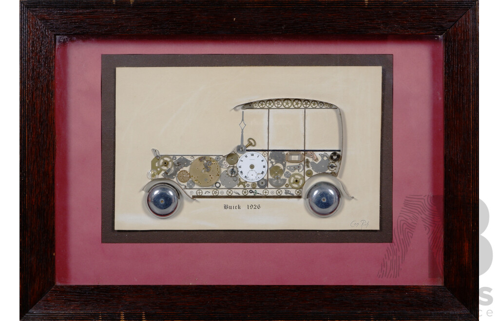 Buick 1926, Framed Vintage Collage Comprising Metal Watch Parts, Bike Bells and More, 44 x 63 cm (frame)