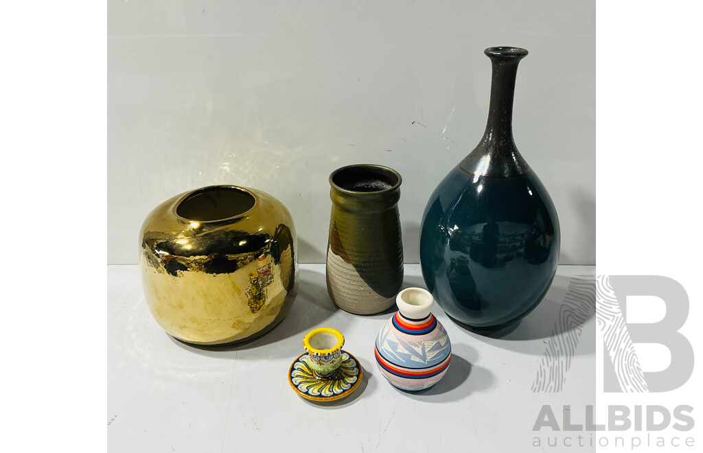 Collection Five Decorator Pieces Including North American Native Decorated Pottery Vase and More