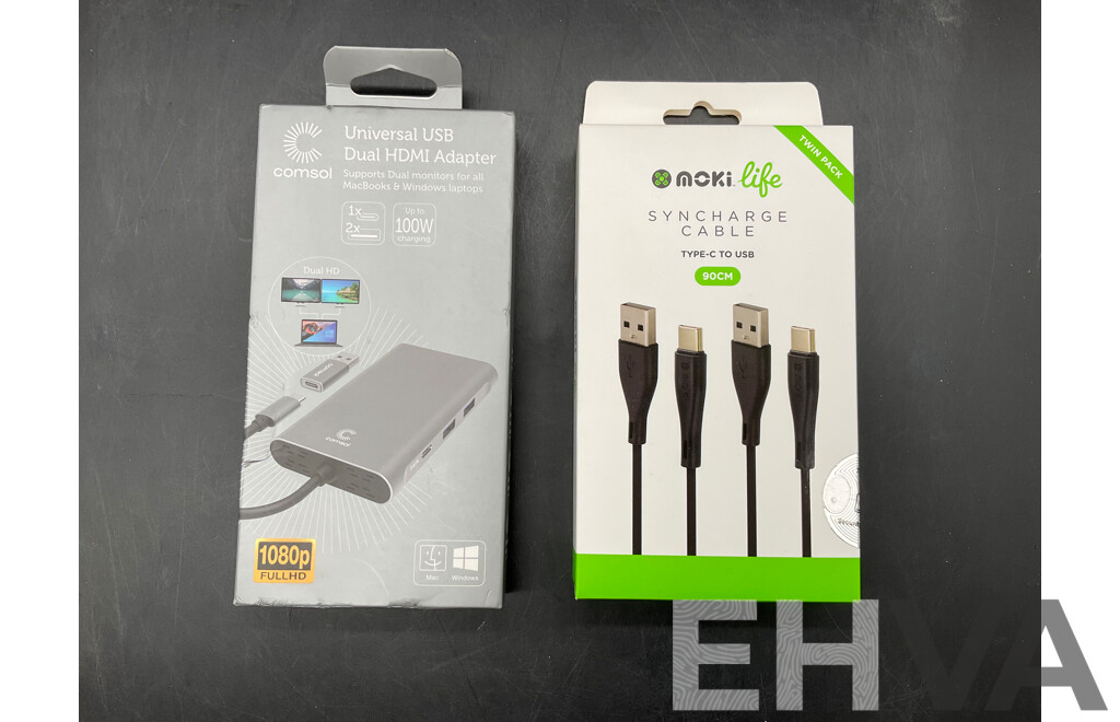 COMSOL Universal USB Dual HDMI Adapter and Moki Life Syncharge Cable  - Lot of 2