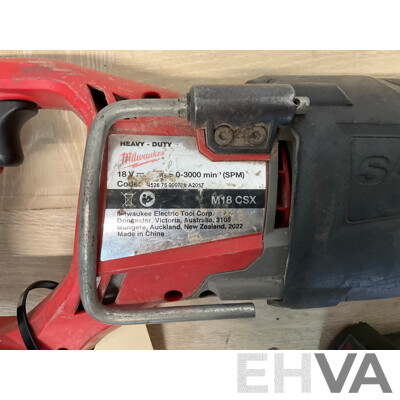 MILWAUKEE (M18CSX) 18V Cordless FUEL SAWZALL Reciprocating Saw (Skin Only), MILWAUKEE 6.0Ah Lithium Battery - Lot of 2 - ORP $649