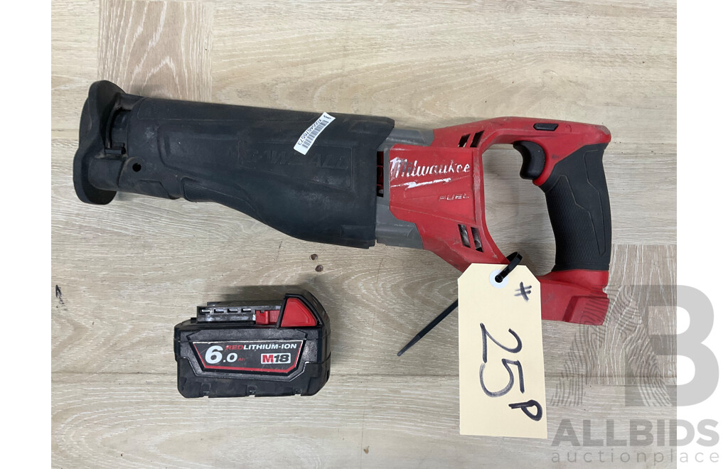 MILWAUKEE (M18CSX) 18V Cordless FUEL SAWZALL Reciprocating Saw (Skin Only), MILWAUKEE 6.0Ah Lithium Battery - Lot of 2 - ORP $649