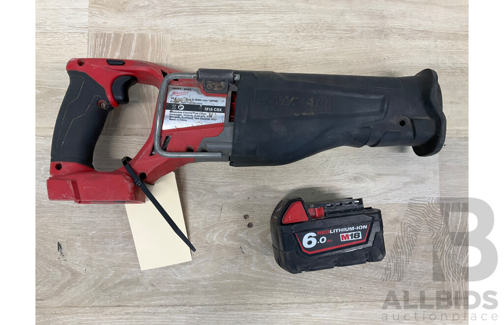 MILWAUKEE (M18CSX) 18V Cordless FUEL SAWZALL Reciprocating Saw (Skin Only), MILWAUKEE 6.0Ah Lithium Battery - Lot of 2 - ORP $649