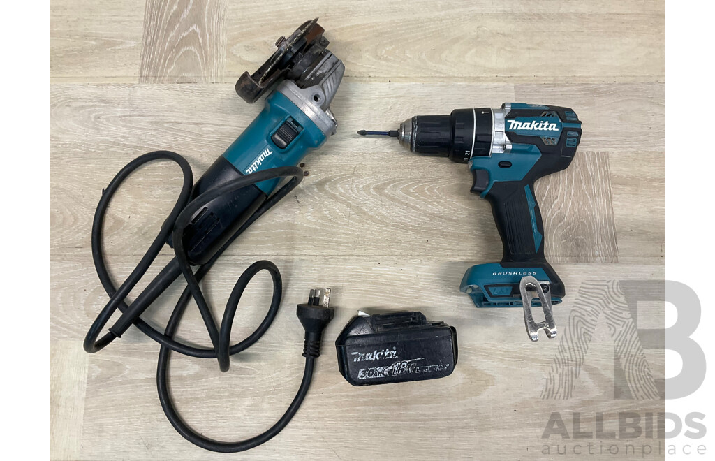 MAKITA Angle Grinder (9555HN), MAKITA (DHP484) 18V Brushless  Hammer Driver Drill, MAKITA 3.0Ah Battery - Lot of 3