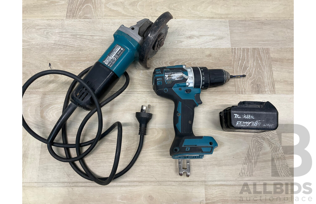 MAKITA Angle Grinder (9555HN), MAKITA (DHP484) 18V Brushless  Hammer Driver Drill, MAKITA 3.0Ah Battery - Lot of 3