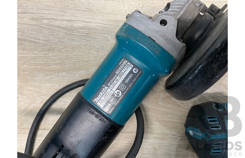 MAKITA Angle Grinder (9555HN), MAKITA (DHP484) 18V Brushless  Hammer Driver Drill, MAKITA 3.0Ah Battery - Lot of 3