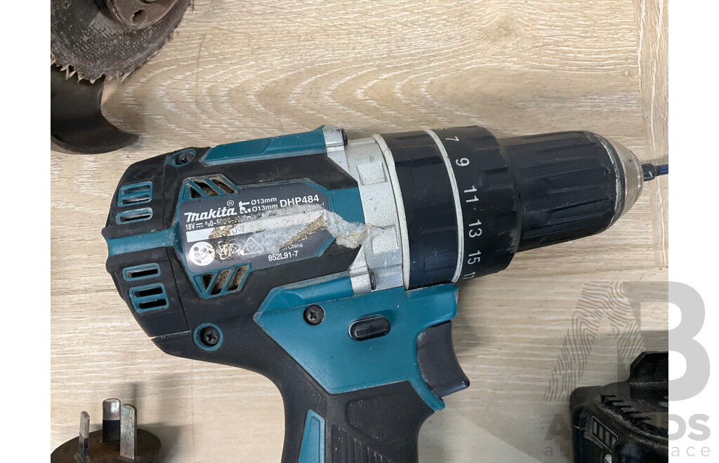 MAKITA Angle Grinder (9555HN), MAKITA (DHP484) 18V Brushless  Hammer Driver Drill, MAKITA 3.0Ah Battery - Lot of 3