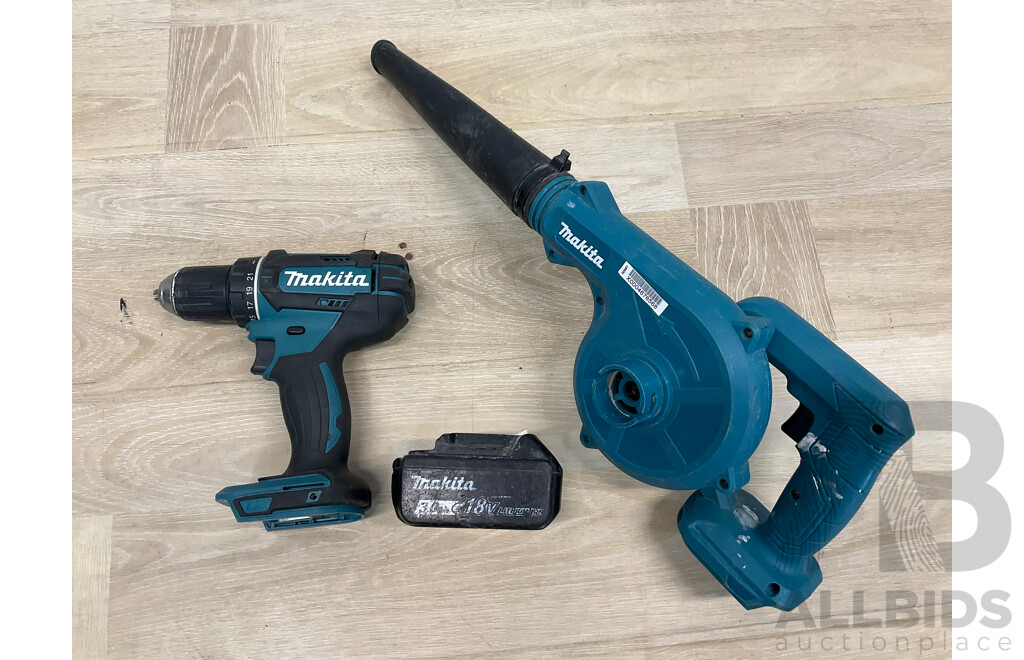 MAKITA (DHP482) 18V Li-ion Cordless Hammer Driver Drill, MAKITA 18V Blower, MAKITA 3.0Ah Battery - Lot of 3