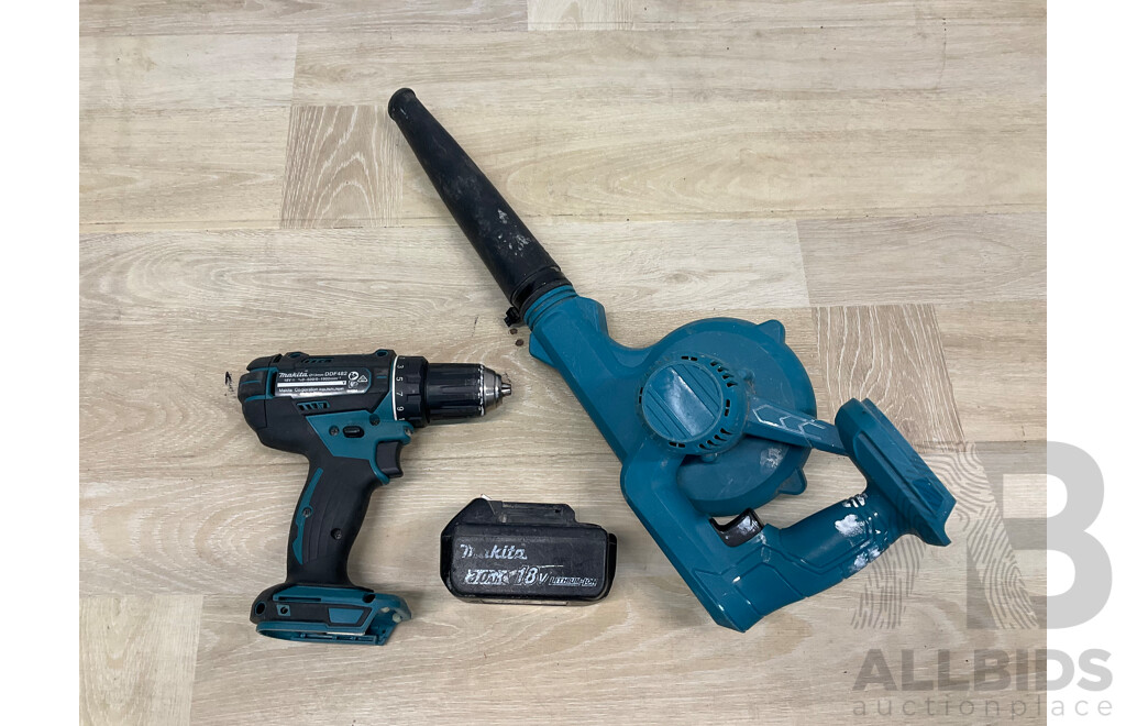 MAKITA (DHP482) 18V Li-ion Cordless Hammer Driver Drill, MAKITA 18V Blower, MAKITA 3.0Ah Battery - Lot of 3