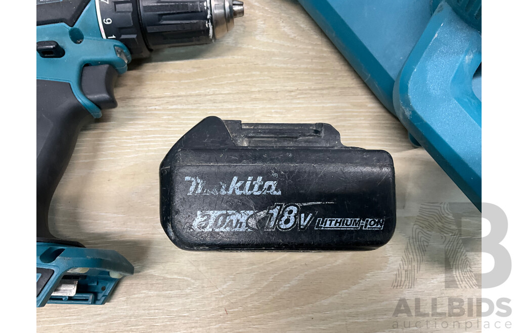 MAKITA (DHP482) 18V Li-ion Cordless Hammer Driver Drill, MAKITA 18V Blower, MAKITA 3.0Ah Battery - Lot of 3