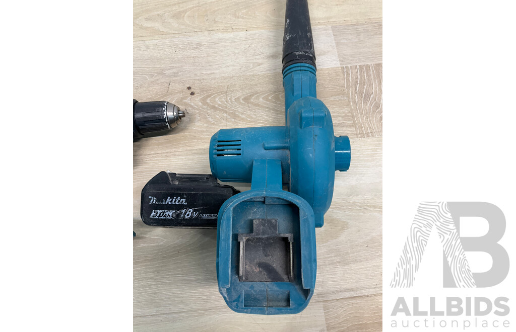 MAKITA (DHP482) 18V Li-ion Cordless Hammer Driver Drill, MAKITA 18V Blower, MAKITA 3.0Ah Battery - Lot of 3