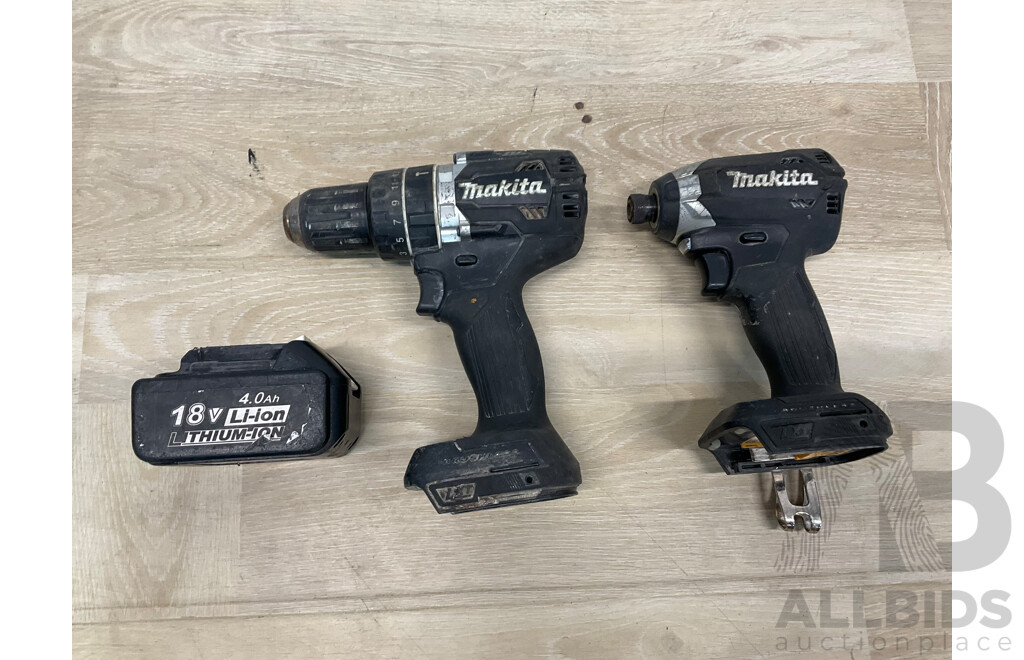 MAKITA (DHP484) 18V Brushless  Hammer Driver Drill, MAKITA (DTD153) 18V Impact Driver, MAKITA 4.0Ah Battery - Lot of 3