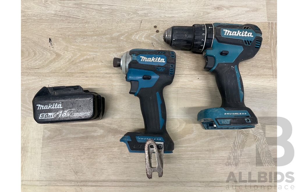 MAKITA (DHP485) 18V Hammer Driver Drill, MAKITA (DTD171) 18V Impact Driver, MAKITA 5.0Ah Battery - Lot of 3