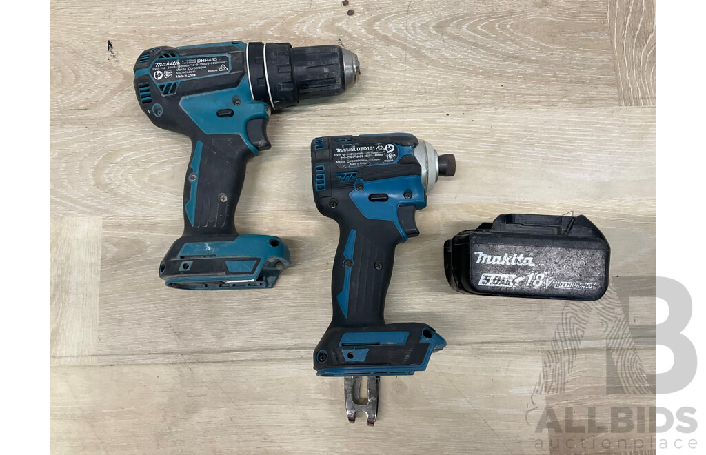 MAKITA (DHP485) 18V Hammer Driver Drill, MAKITA (DTD171) 18V Impact Driver, MAKITA 5.0Ah Battery - Lot of 3