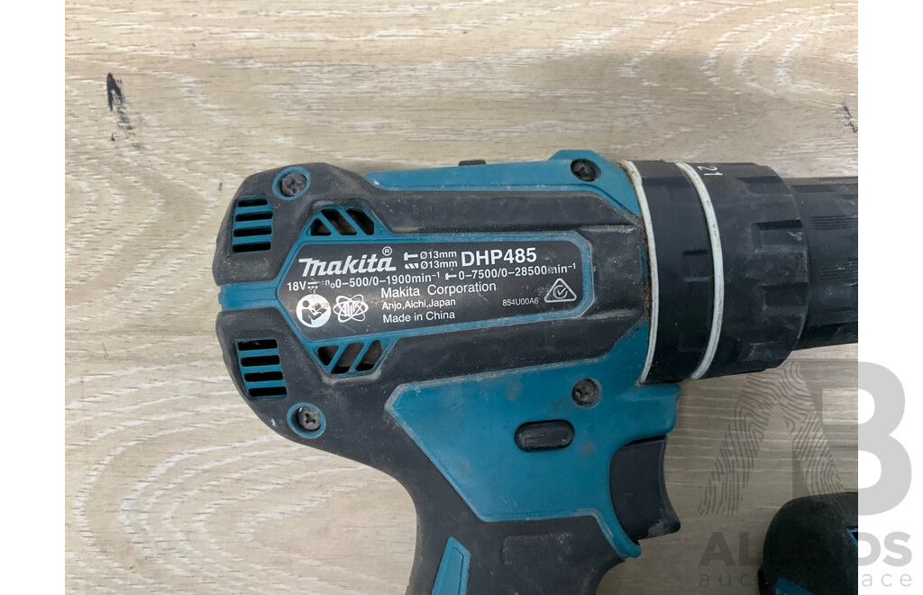 MAKITA (DHP485) 18V Hammer Driver Drill, MAKITA (DTD171) 18V Impact Driver, MAKITA 5.0Ah Battery - Lot of 3