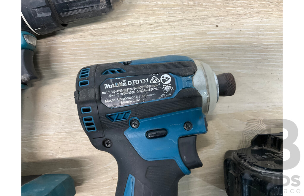 MAKITA (DHP485) 18V Hammer Driver Drill, MAKITA (DTD171) 18V Impact Driver, MAKITA 5.0Ah Battery - Lot of 3