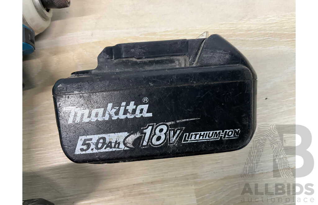 MAKITA (DHP485) 18V Hammer Driver Drill, MAKITA (DTD171) 18V Impact Driver, MAKITA 5.0Ah Battery - Lot of 3