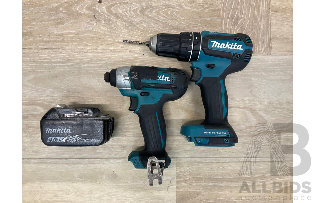 MAKITA (DHP485) 18V Hammer Driver Drill, MAKITA (TD110D) 10.8V Impact Driver, MAKITA 4.0Ah Battery - Lot of 3