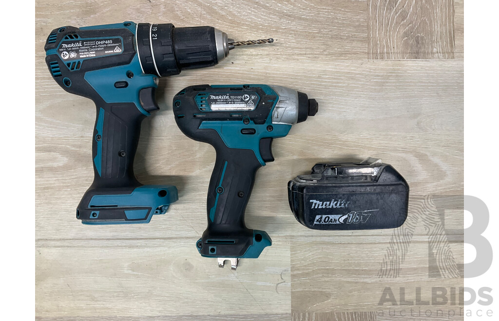 MAKITA (DHP485) 18V Hammer Driver Drill, MAKITA (TD110D) 10.8V Impact Driver, MAKITA 4.0Ah Battery - Lot of 3