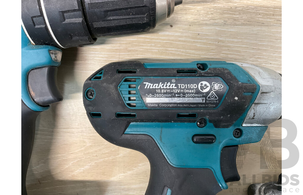 MAKITA (DHP485) 18V Hammer Driver Drill, MAKITA (TD110D) 10.8V Impact Driver, MAKITA 4.0Ah Battery - Lot of 3