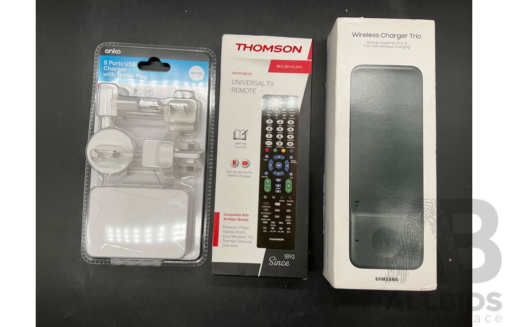 SAMSUNG Wireless Charger Trio, ANKO Charger and THOMSON  Universal Tv Remote - Lot of 3