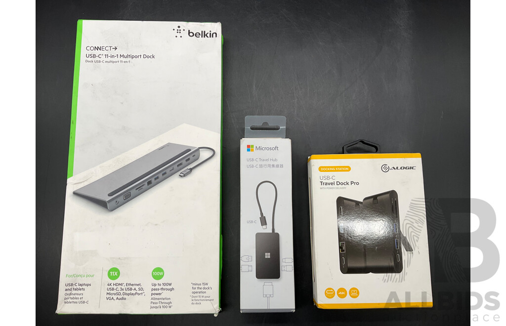 BELKIN Connect Multiport Dock, MICROSOFT Travel Hub, ALOGIC Travel Dock Pro - Lot of 3  - ORP $599