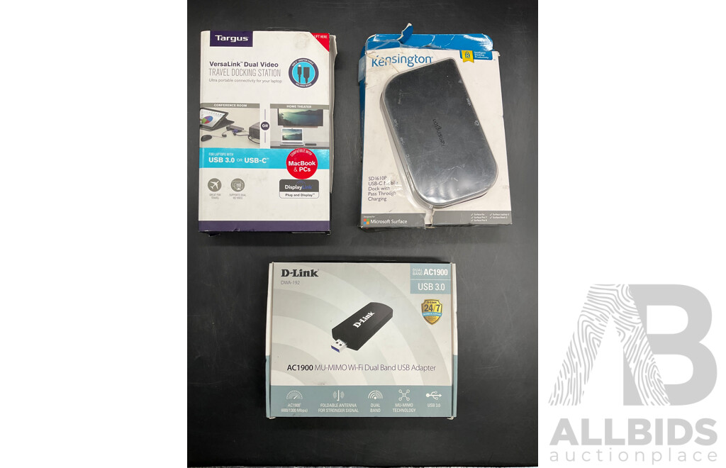 D-LINK Wi-fi Dual Band USB Adapter, TARGUS Travel Docking Station, KENSINGTON Dock with Pass Through Charging - Lot of 3  - ORP $469