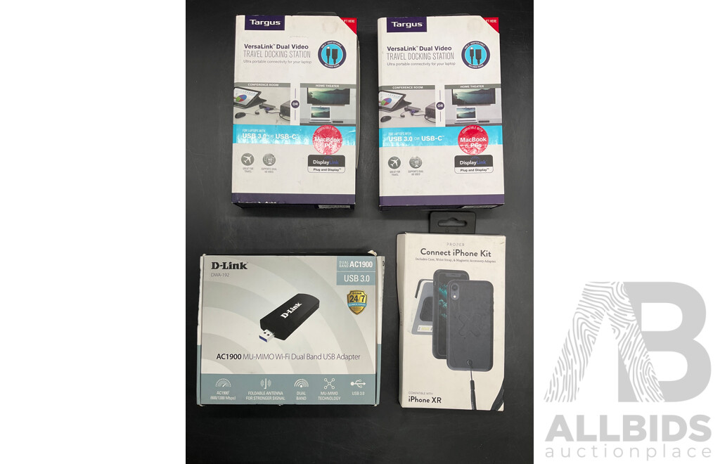 D-LINK Wi-fi Dual Band USB Adapter, TARGUS Travel Docking Station, PROPER Connect IPhone Kit - Lot of 4  - ORP $449