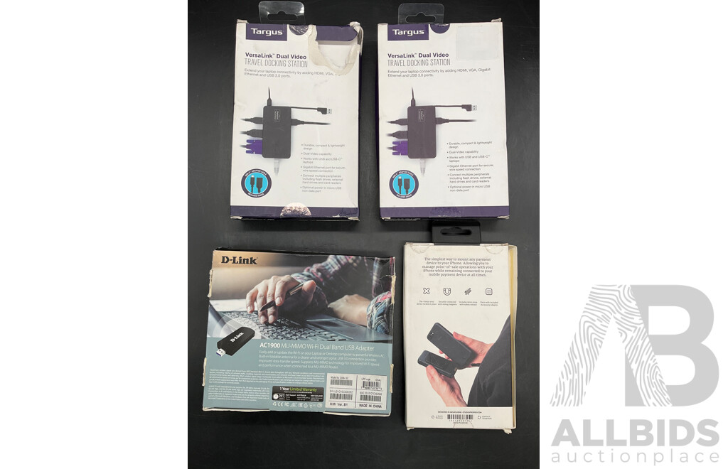 D-LINK Wi-fi Dual Band USB Adapter, TARGUS Travel Docking Station, PROPER Connect IPhone Kit - Lot of 4  - ORP $449