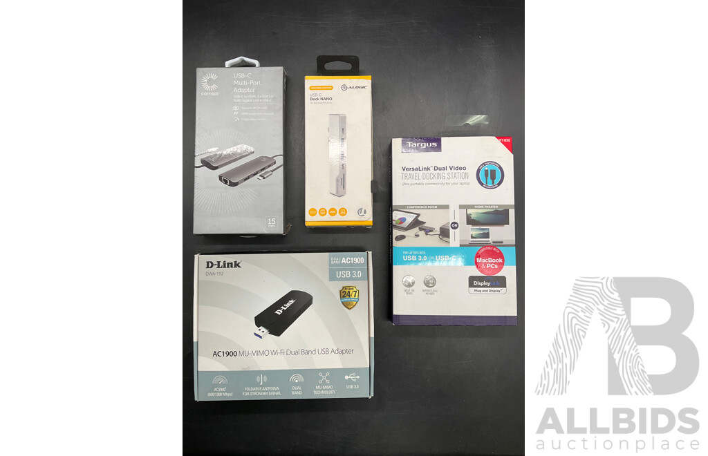 D-LINK Wi-fi Dual Band USB Adapter, TARGUS Travel Docking Station, COMSOL Multi Port Adapter, ALOGIC Dock Nano - Lot of 4  - ORP $499