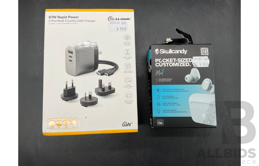 ALOGIC 67W Rapid Power Charger and SKULLCANDY True Wireless Earbuds - Lot of 2 - ORP $198